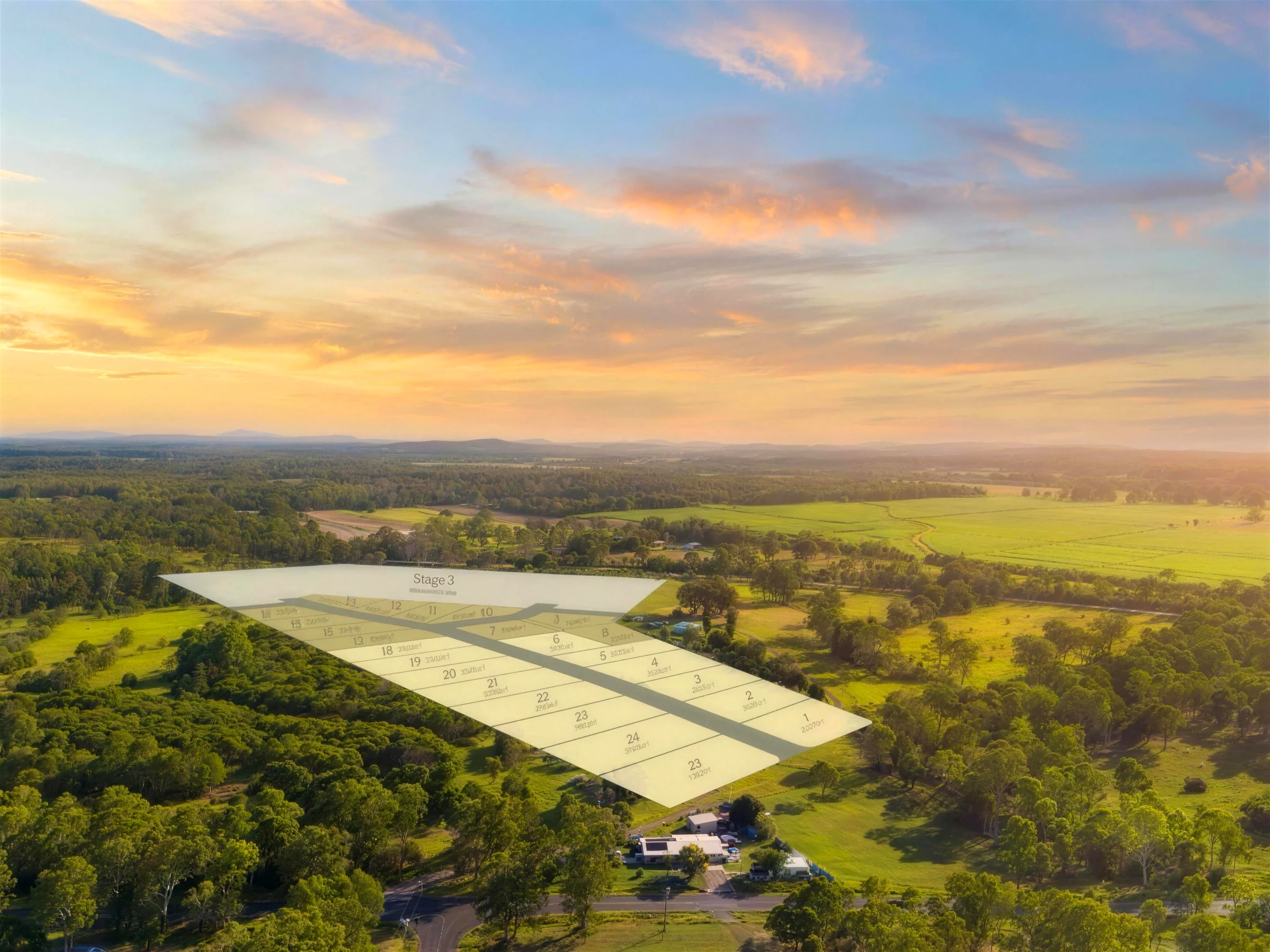 Golden hour aerial masterplan of Eatonvale Meadows