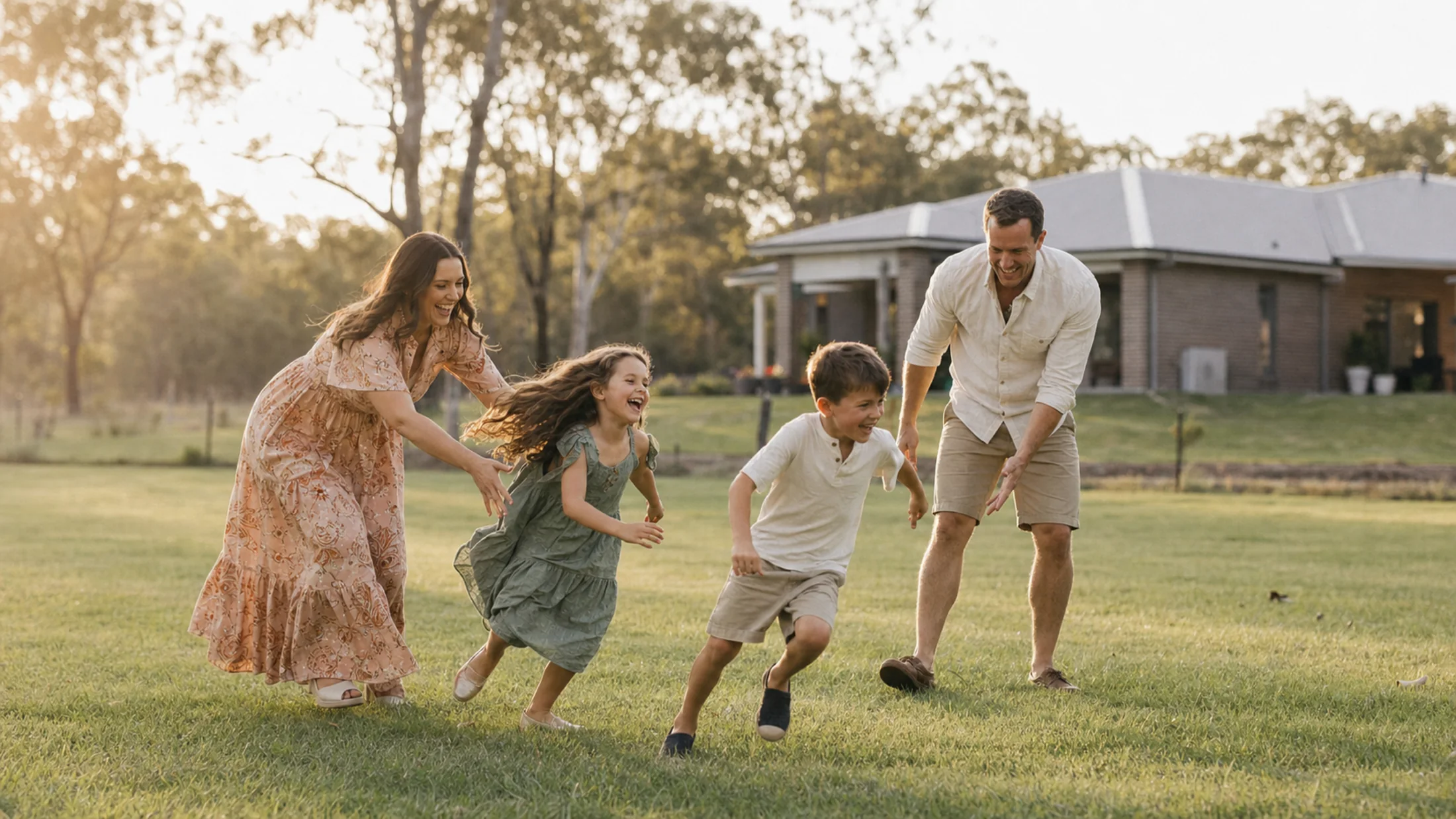 A family playing together on a large green backyard block