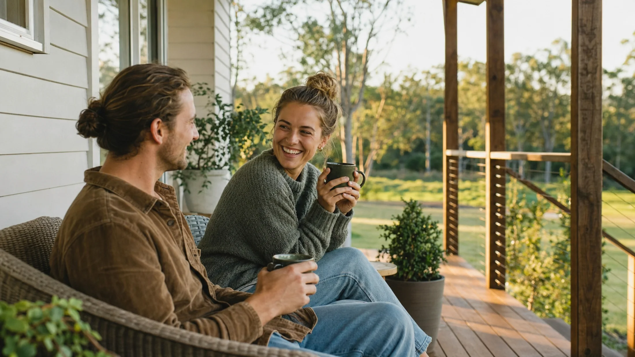 A young couple sharing coffee on a timber verandah