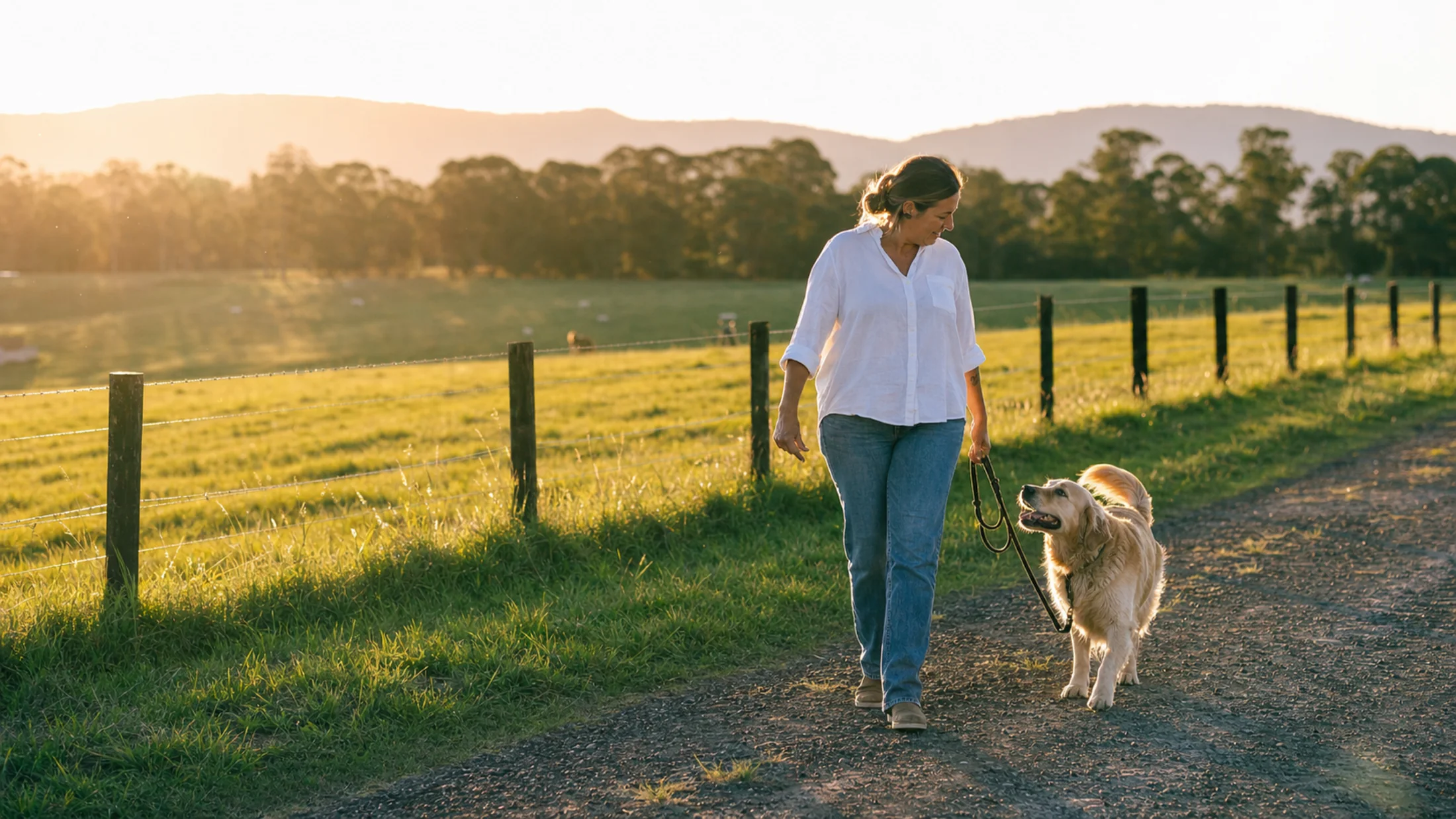 A local walking a dog beside open paddocks at golden hour