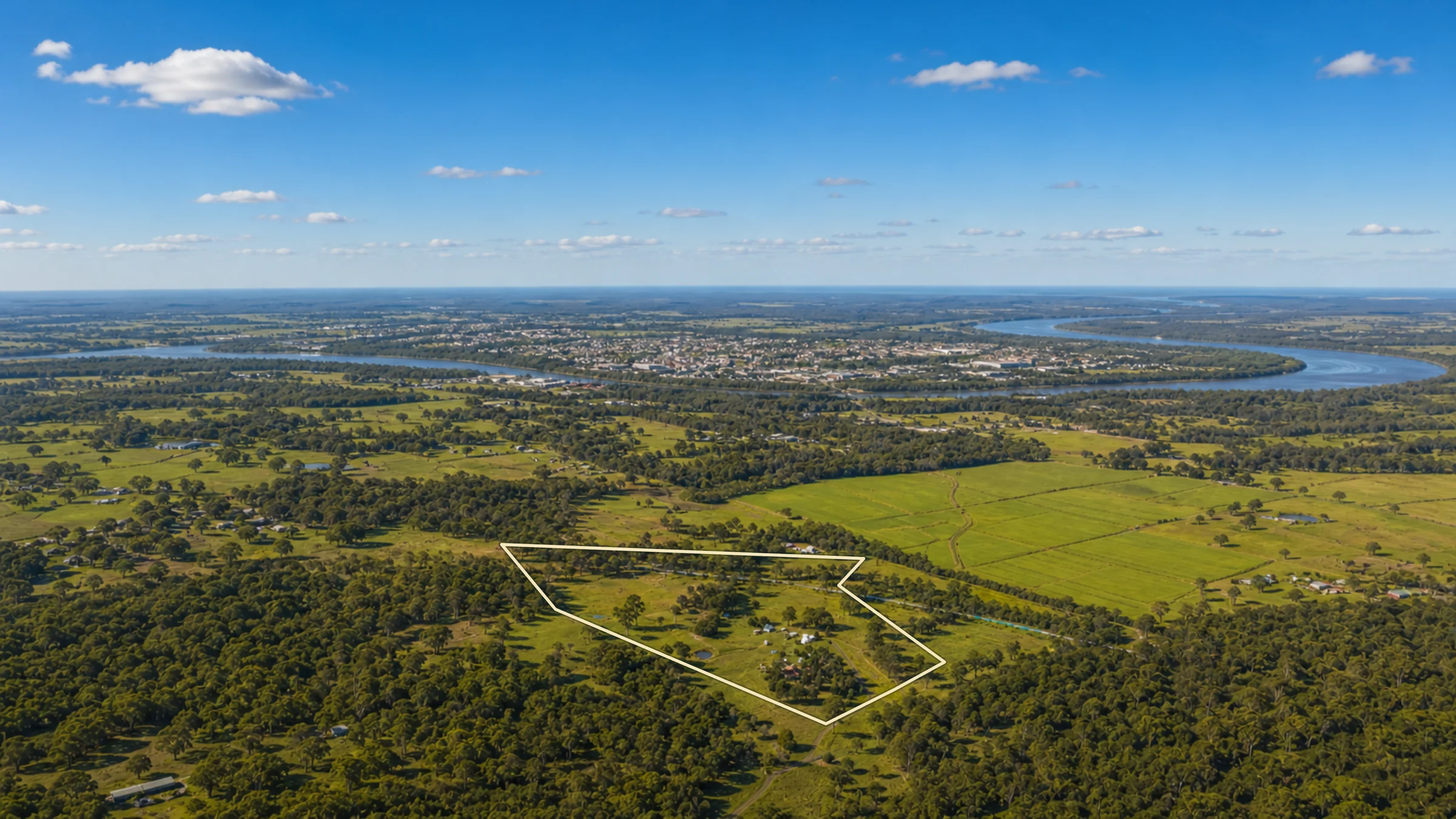 High aerial looking north over Eatonvale Meadows at Tinana to the Mary River, Maryborough and the Fraser Coast