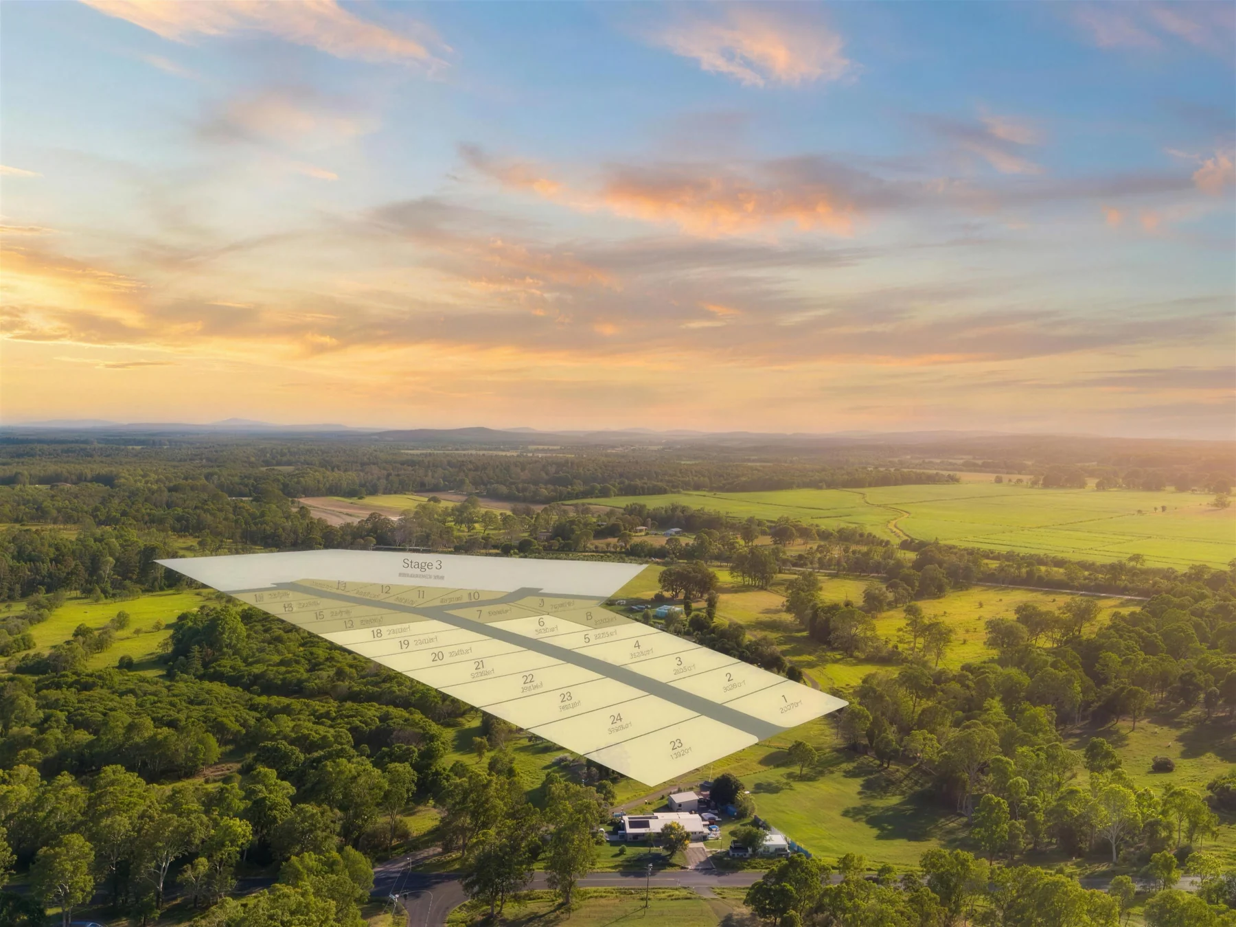 Golden hour aerial of Eatonvale Meadows with all 25 homesites and three stages outlined on the land
